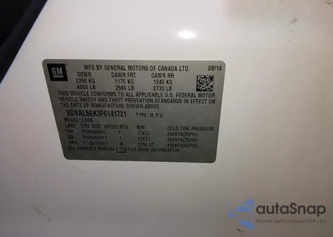 2015 Chevrolet Equinox 1Lt from USA, damaged, VIN 2GNALBEK3F6141721